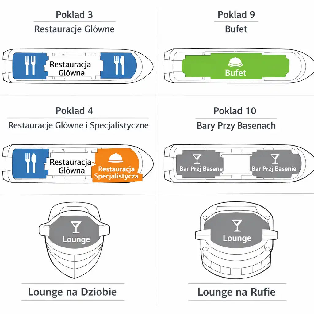 Schematyczny plan pokładów statku wycieczkowego z zaznaczonymi strefami gastronomicznymi: restauracje główne, bufet, bary przy basenach i lounges