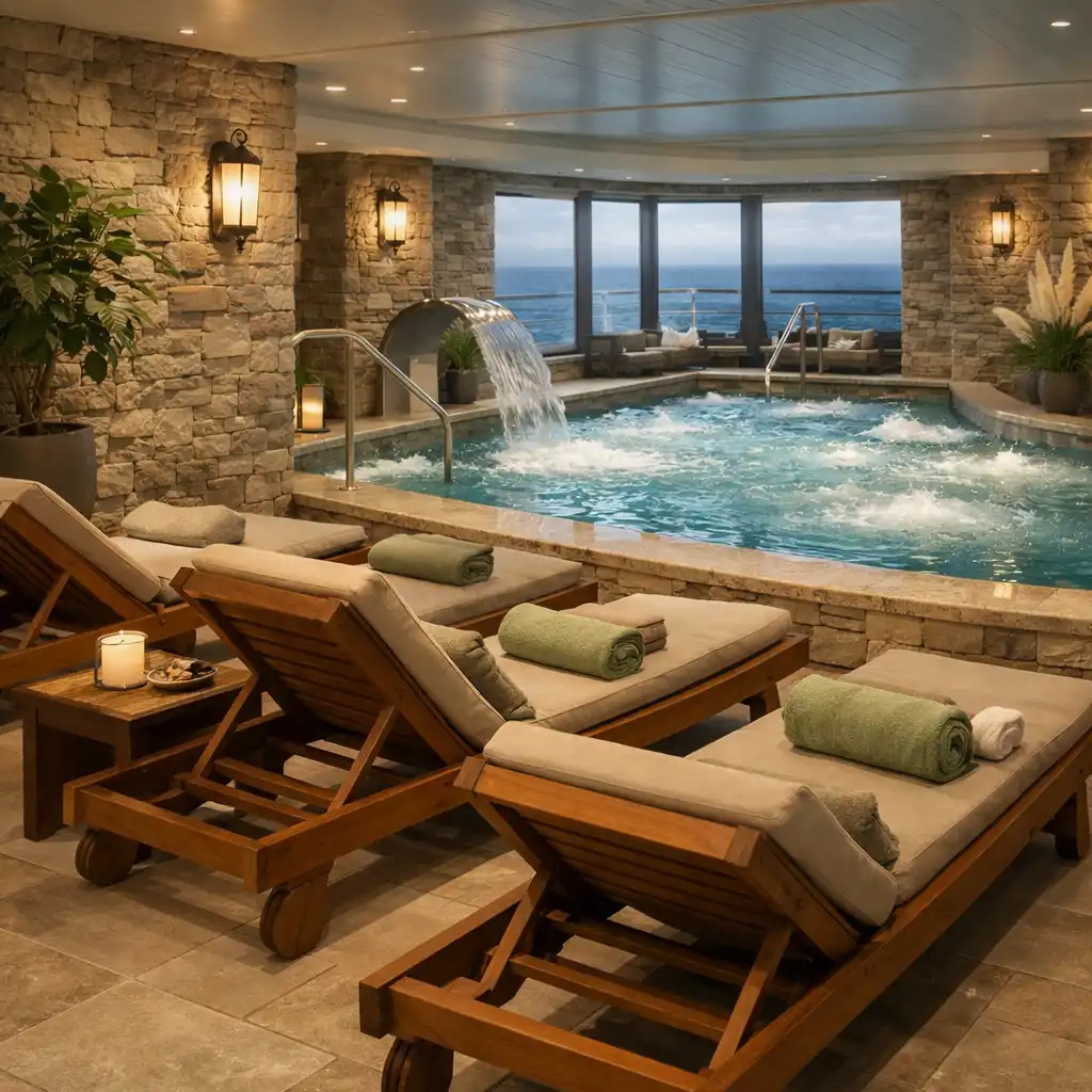 Strefa relaksu w spa na statku wycieczkowym z kamiennymi ścianami i basenem thalasso