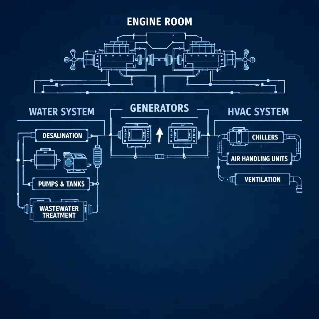 Schematyczny diagram systemów technicznych statku wycieczkowego, pokazujący maszynownię, generatory, systemy wody i klimatyzacji